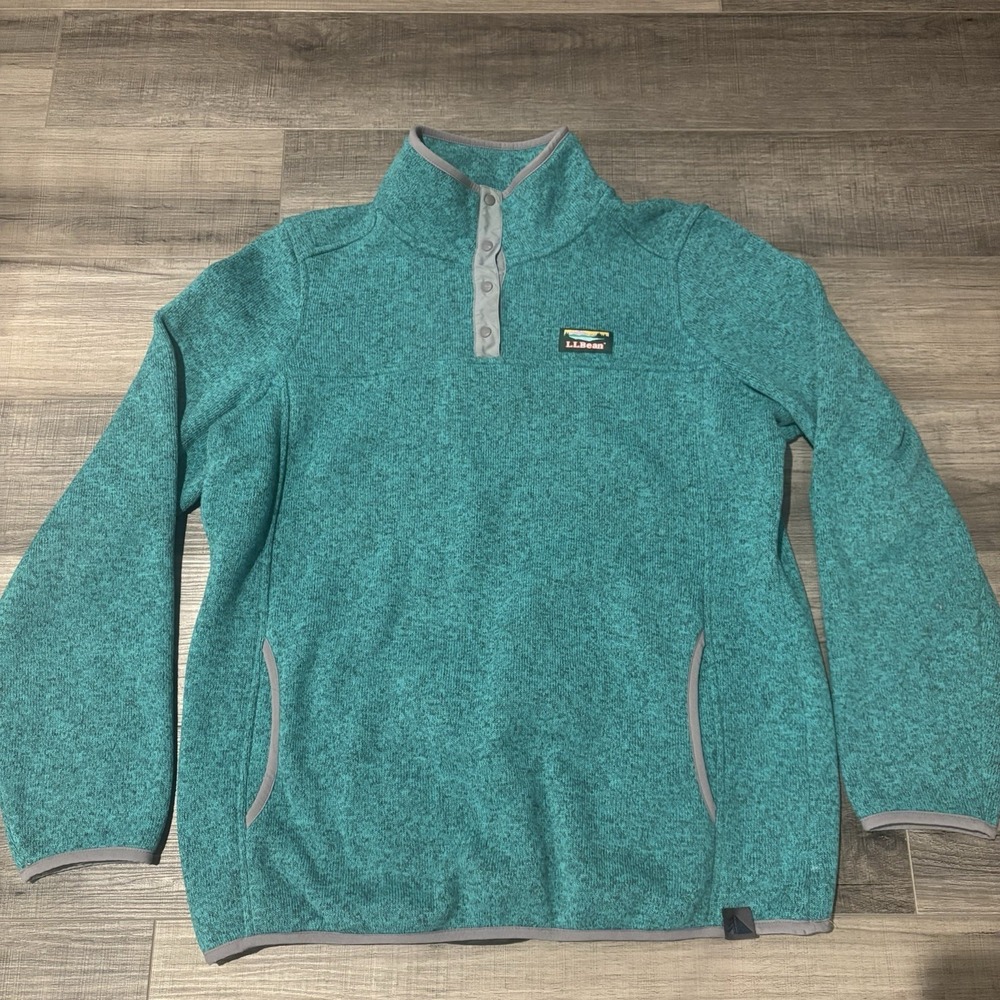 LL Bean Women's Fleece Pullover Snap Neck Sweater Teal Heather Size L REG
